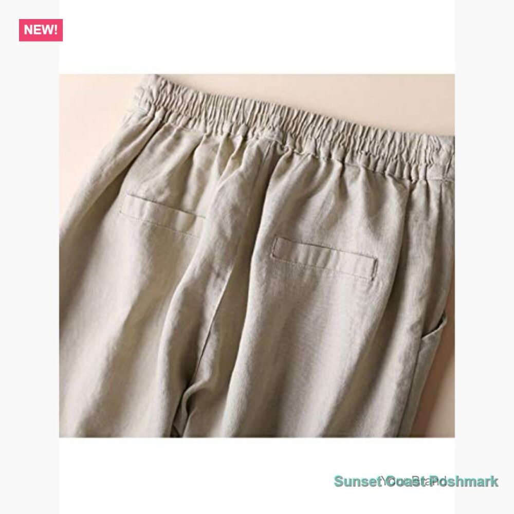 Linen Tapered Pants High Waisted Drawstring Casual Joggers - Picture 5 of 7